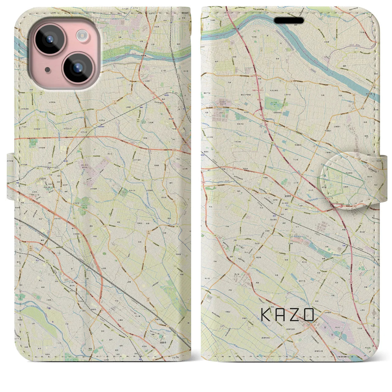 【加須(埼玉県)】地図柄iPhoneケース(手帳タイプ)ナチュラル・iPhone 15 Plus 用