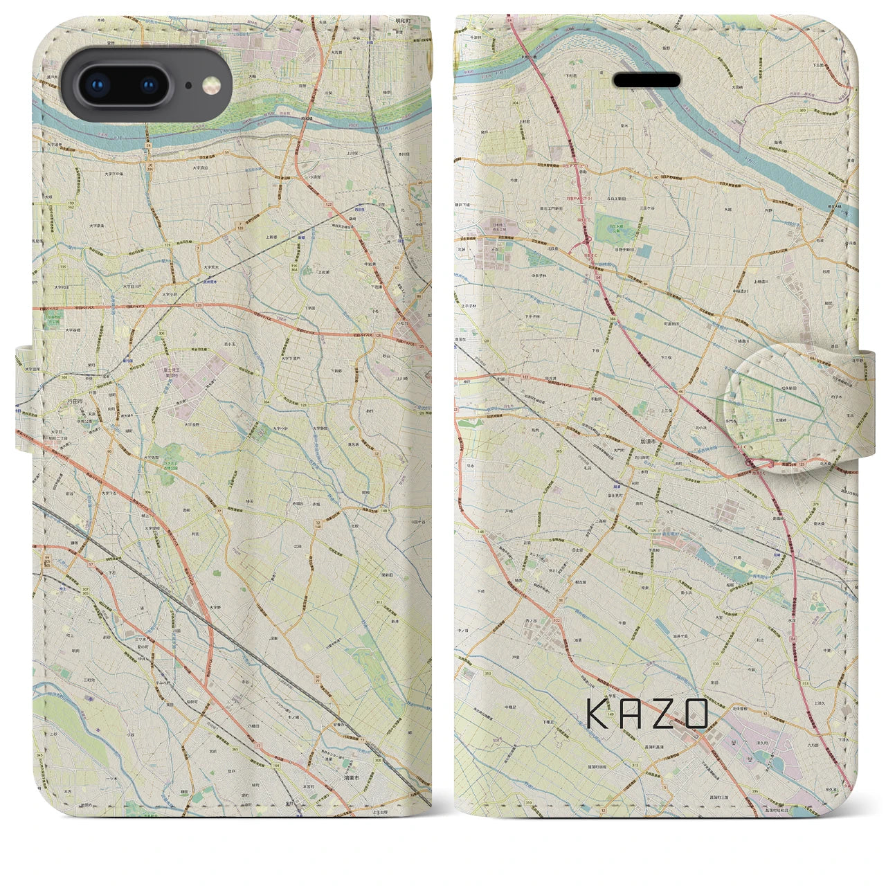 【加須(埼玉県)】地図柄iPhoneケース(手帳タイプ)ナチュラル・iPhone 8Plus /7Plus / 6sPlus / 6Plus 用