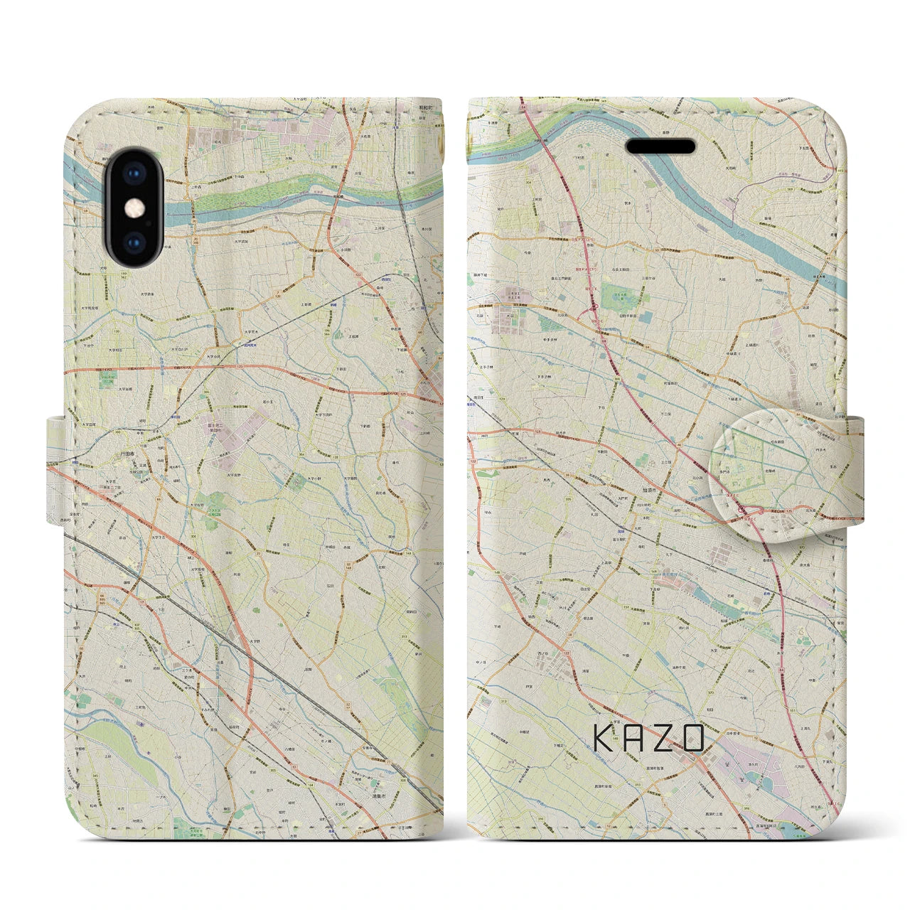 【加須(埼玉県)】地図柄iPhoneケース(手帳タイプ)ナチュラル・iPhone XS / X 用