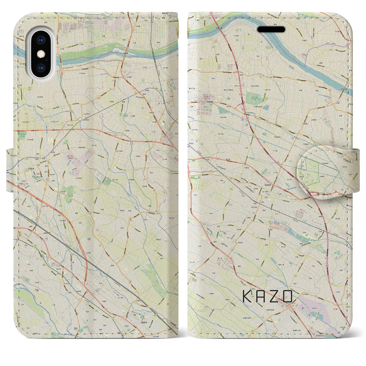 【加須(埼玉県)】地図柄iPhoneケース(手帳タイプ)ナチュラル・iPhone XS Max 用
