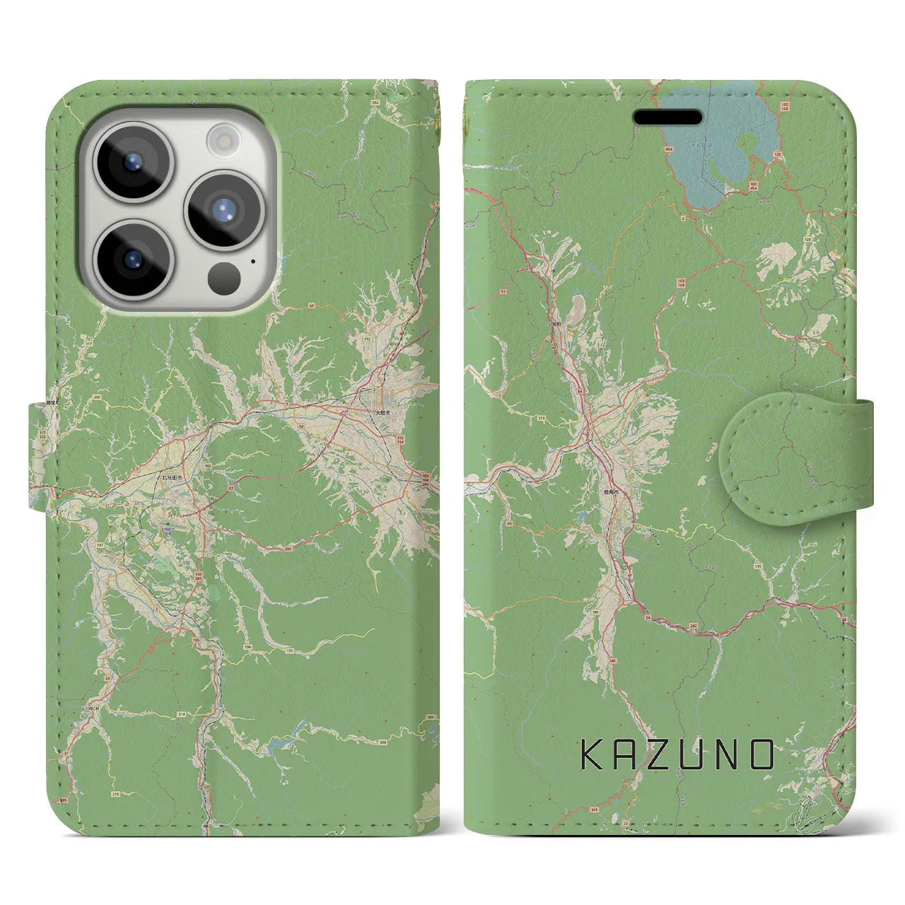【鹿角(秋田県)】地図柄iPhoneケース(手帳タイプ)ナチュラル・iPhone 15 Pro 用