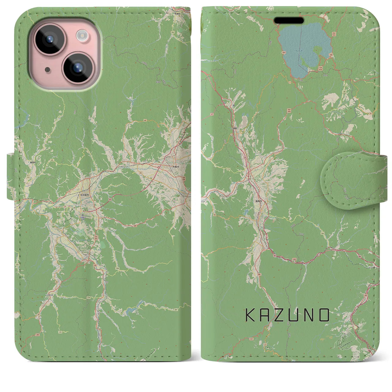 【鹿角(秋田県)】地図柄iPhoneケース(手帳タイプ)ナチュラル・iPhone 15 Plus 用