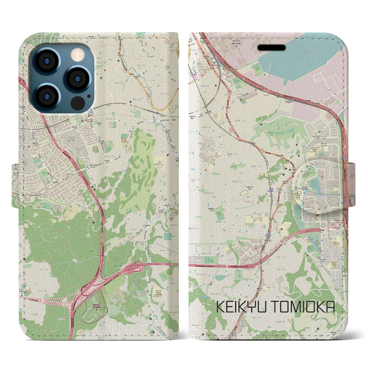 【京急富岡(神奈川県)】地図柄iPhoneケース(手帳タイプ)ナチュラル・iPhone 12 / 12 Pro 用
