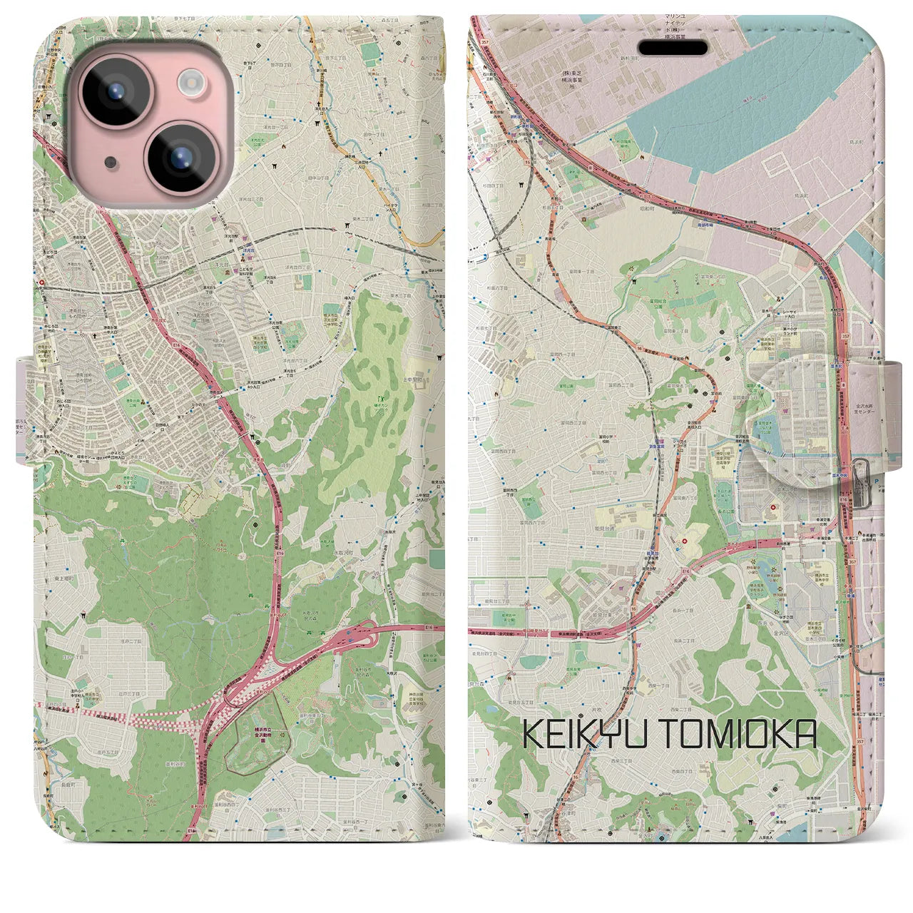 【京急富岡(神奈川県)】地図柄iPhoneケース(手帳タイプ)ナチュラル・iPhone 15 Plus 用