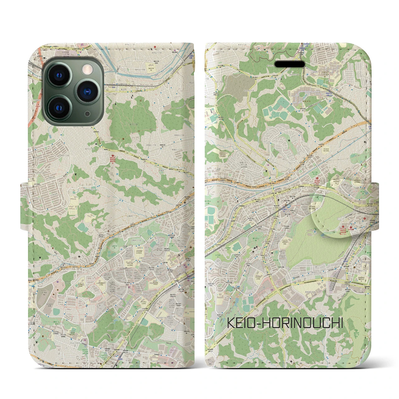 【京王堀之内(東京都)】地図柄iPhoneケース(手帳タイプ)ナチュラル・iPhone 11 Pro 用