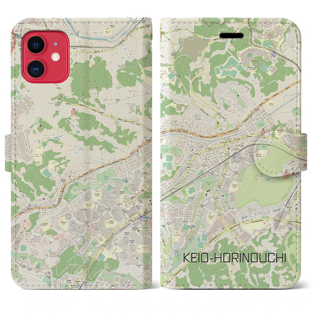 【京王堀之内(東京都)】地図柄iPhoneケース(手帳タイプ)ナチュラル・iPhone 11 用