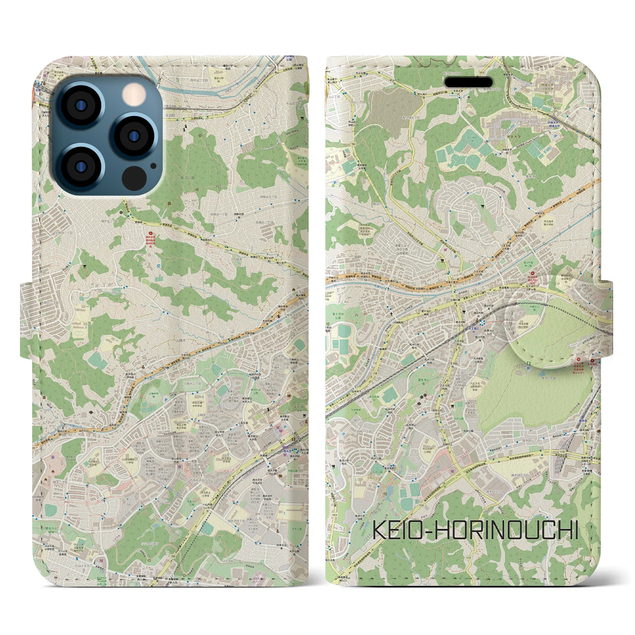 【京王堀之内(東京都)】地図柄iPhoneケース(手帳タイプ)ナチュラル・iPhone 12 / 12 Pro 用