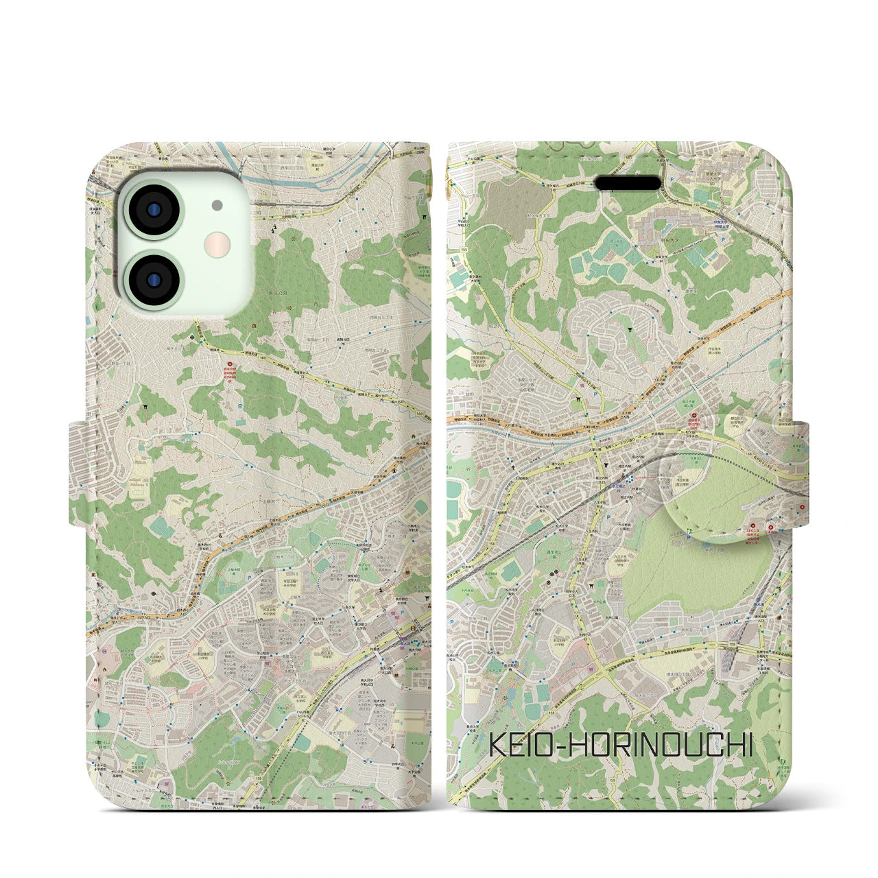 【京王堀之内(東京都)】地図柄iPhoneケース(手帳タイプ)ナチュラル・iPhone 12 mini 用