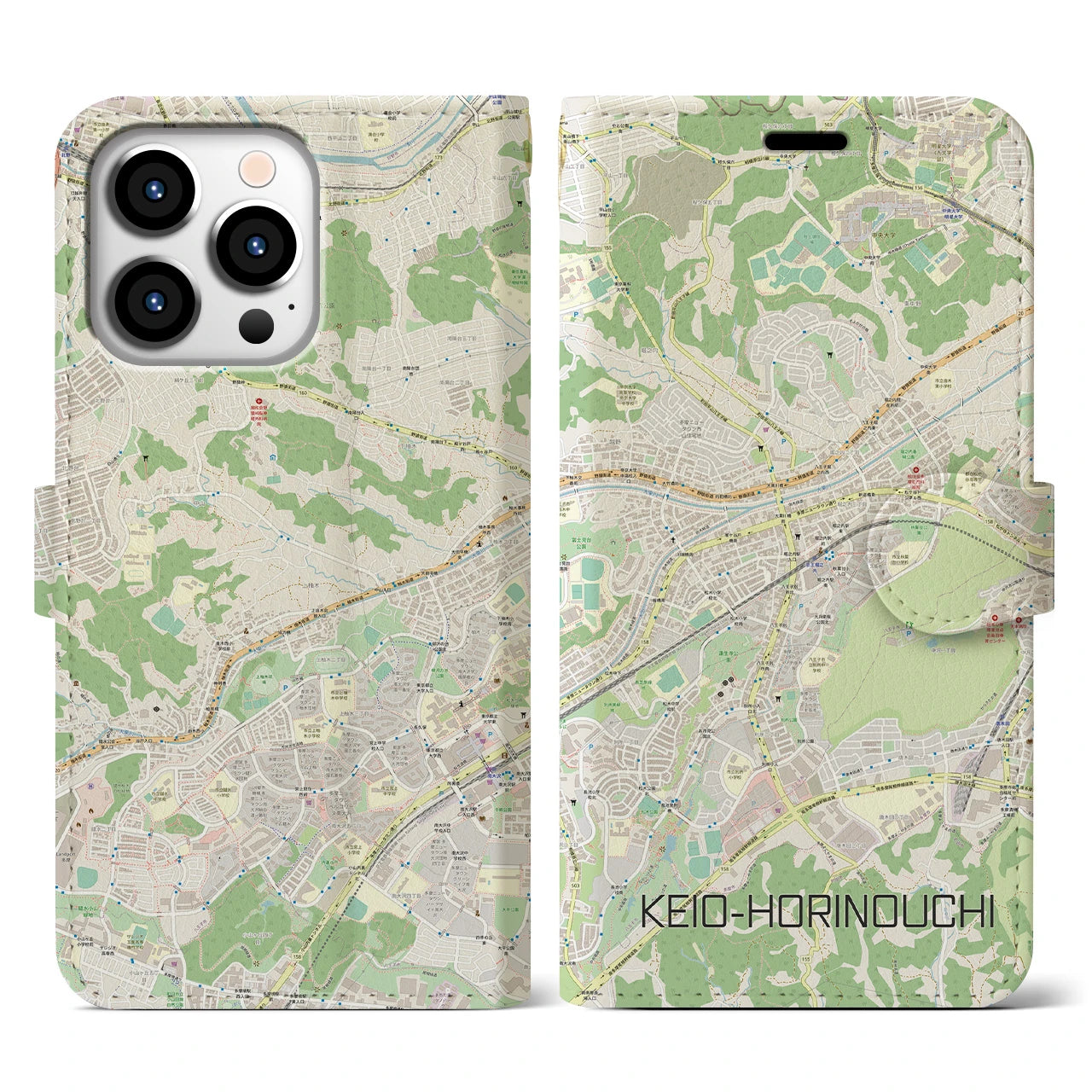 【京王堀之内(東京都)】地図柄iPhoneケース(手帳タイプ)ナチュラル・iPhone 13 Pro 用
