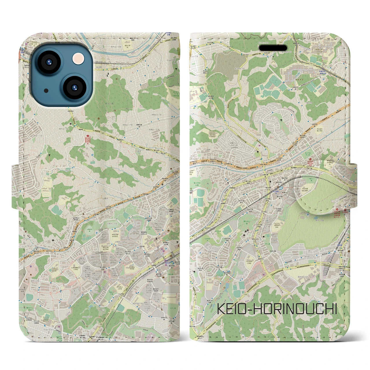 【京王堀之内(東京都)】地図柄iPhoneケース(手帳タイプ)ナチュラル・iPhone 13 用