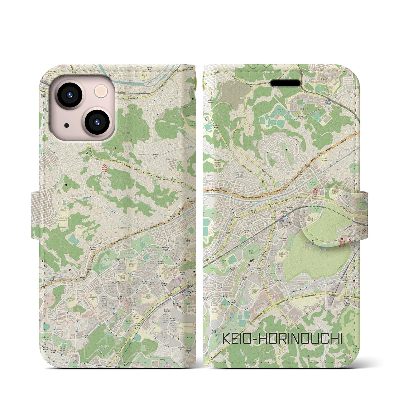 【京王堀之内(東京都)】地図柄iPhoneケース(手帳タイプ)ナチュラル・iPhone 13 mini 用