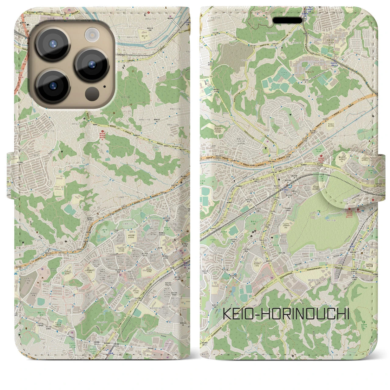 【京王堀之内(東京都)】地図柄iPhoneケース(手帳タイプ)ナチュラル・iPhone 14 Pro Max 用