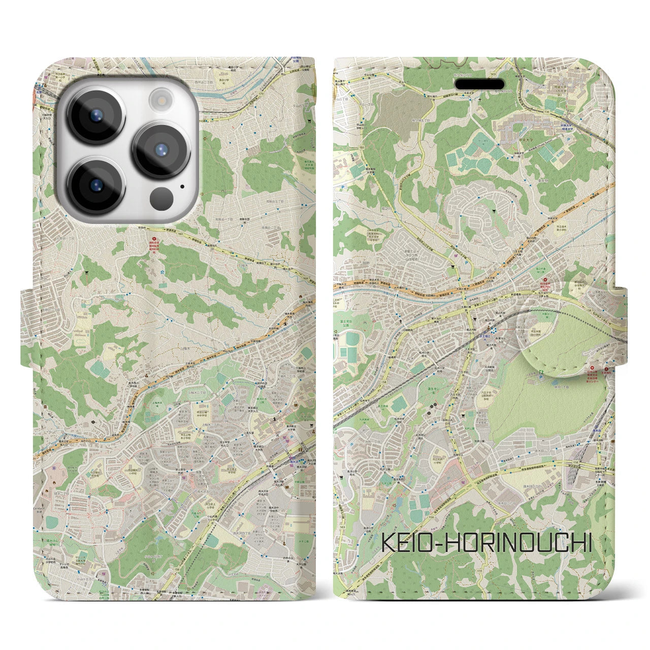 【京王堀之内(東京都)】地図柄iPhoneケース(手帳タイプ)ナチュラル・iPhone 14 Pro 用