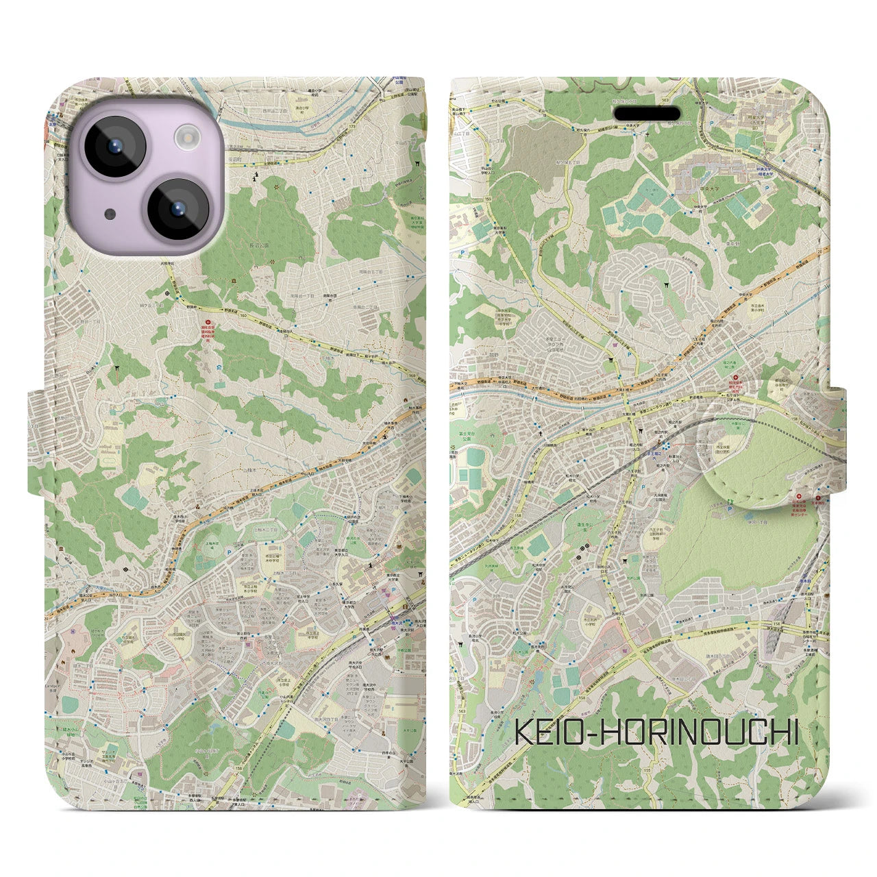 【京王堀之内(東京都)】地図柄iPhoneケース(手帳タイプ)ナチュラル・iPhone 14 用