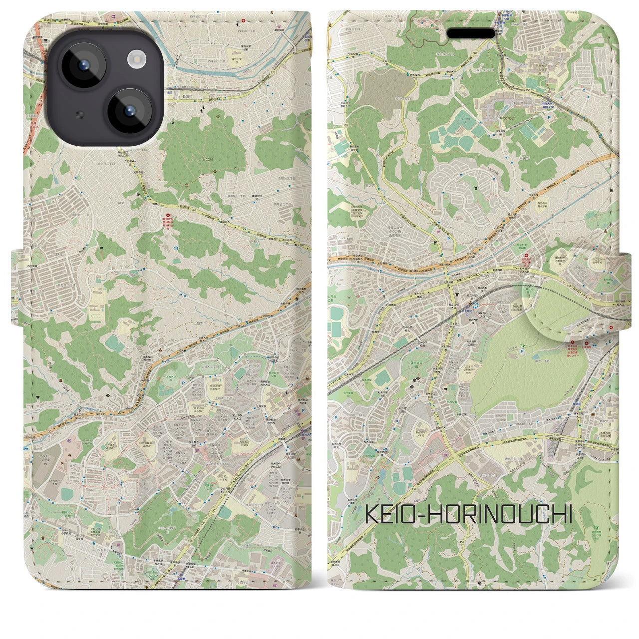 【京王堀之内(東京都)】地図柄iPhoneケース(手帳タイプ)ナチュラル・iPhone 14 Plus 用