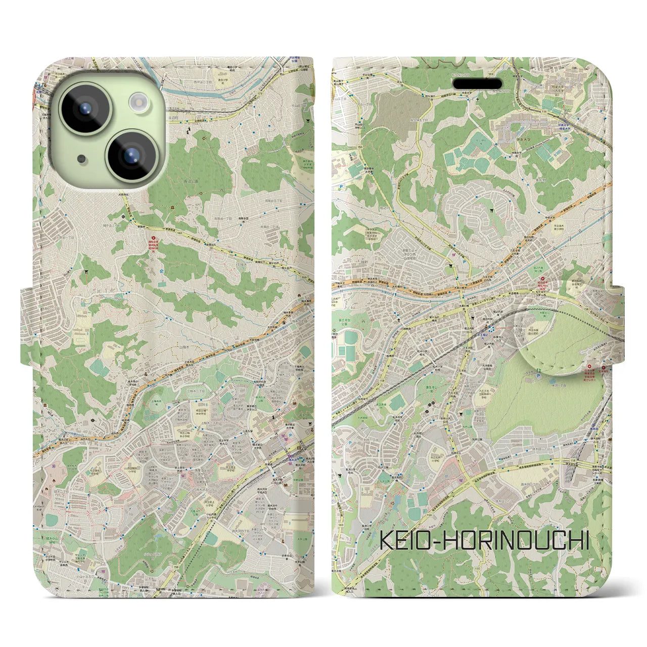 【京王堀之内(東京都)】地図柄iPhoneケース(手帳タイプ)ナチュラル・iPhone 15 用