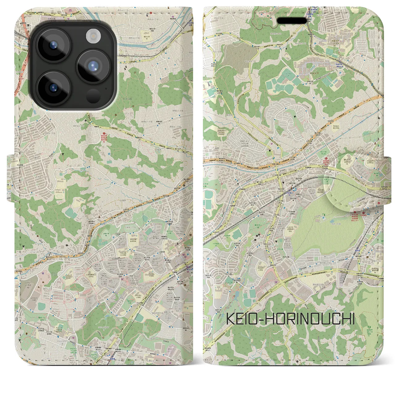 【京王堀之内(東京都)】地図柄iPhoneケース(手帳タイプ)ナチュラル・iPhone 15 Pro Max 用