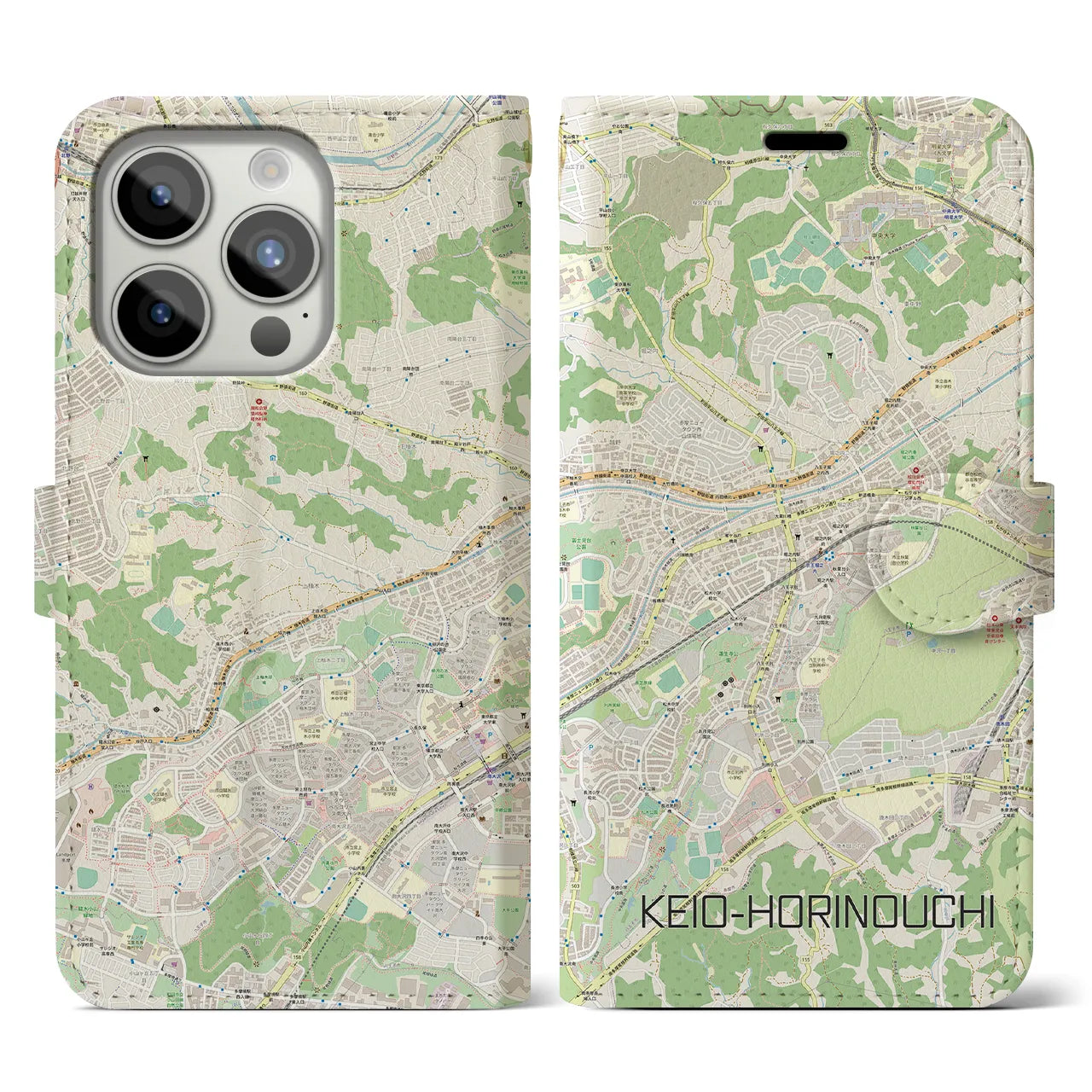 【京王堀之内(東京都)】地図柄iPhoneケース(手帳タイプ)ナチュラル・iPhone 15 Pro 用