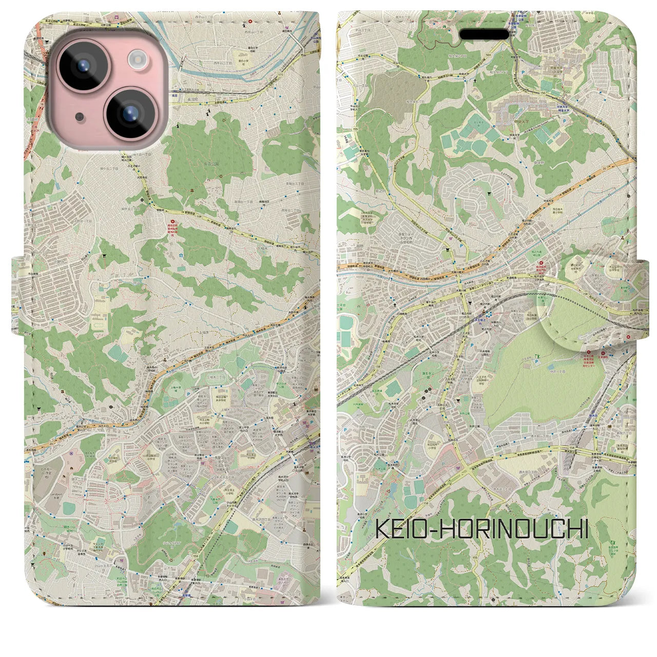 【京王堀之内(東京都)】地図柄iPhoneケース(手帳タイプ)ナチュラル・iPhone 15 Plus 用