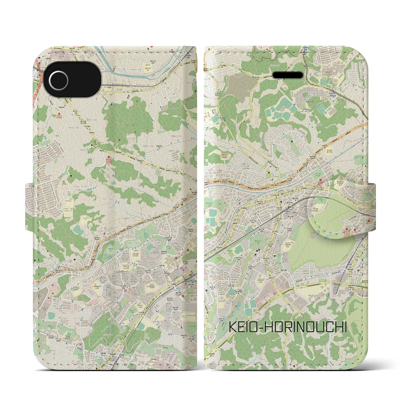 【京王堀之内(東京都)】地図柄iPhoneケース(手帳タイプ)ナチュラル・iPhone SE(第3 / 第2世代) / 8 / 7 / 6s / 6 用
