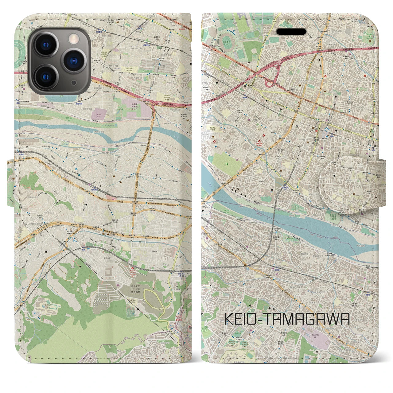 【京王多摩川(東京都)】地図柄iPhoneケース(手帳タイプ)ナチュラル・iPhone 11 Pro Max 用