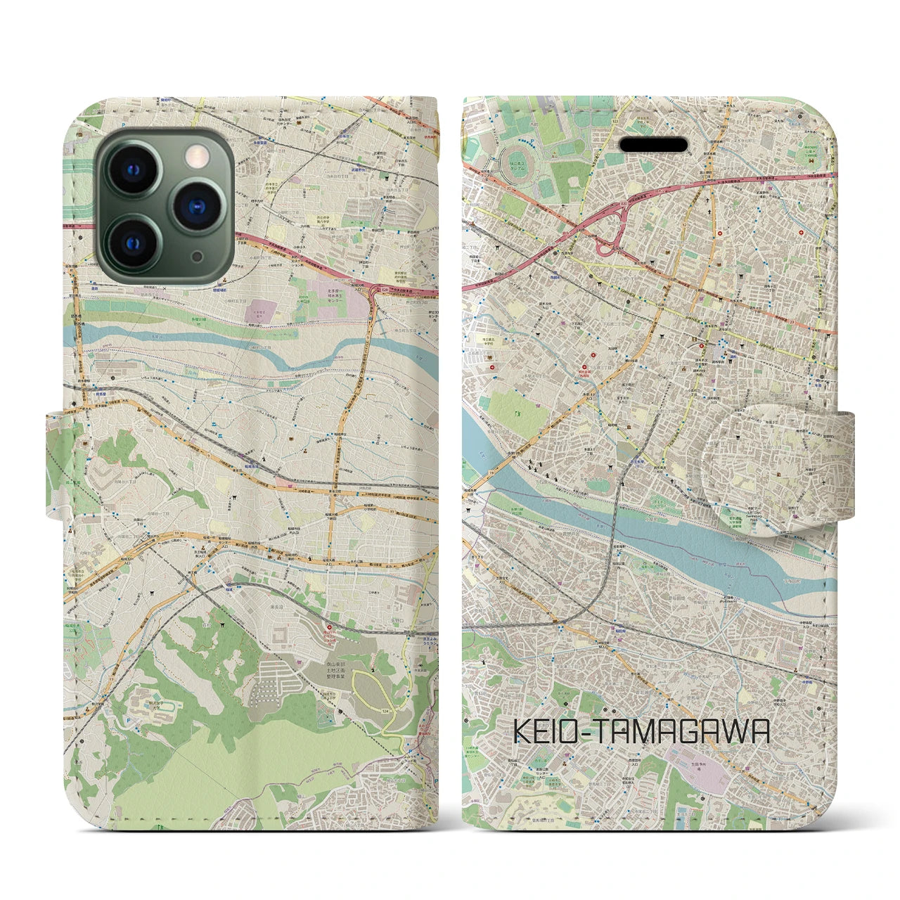 【京王多摩川(東京都)】地図柄iPhoneケース(手帳タイプ)ナチュラル・iPhone 11 Pro 用