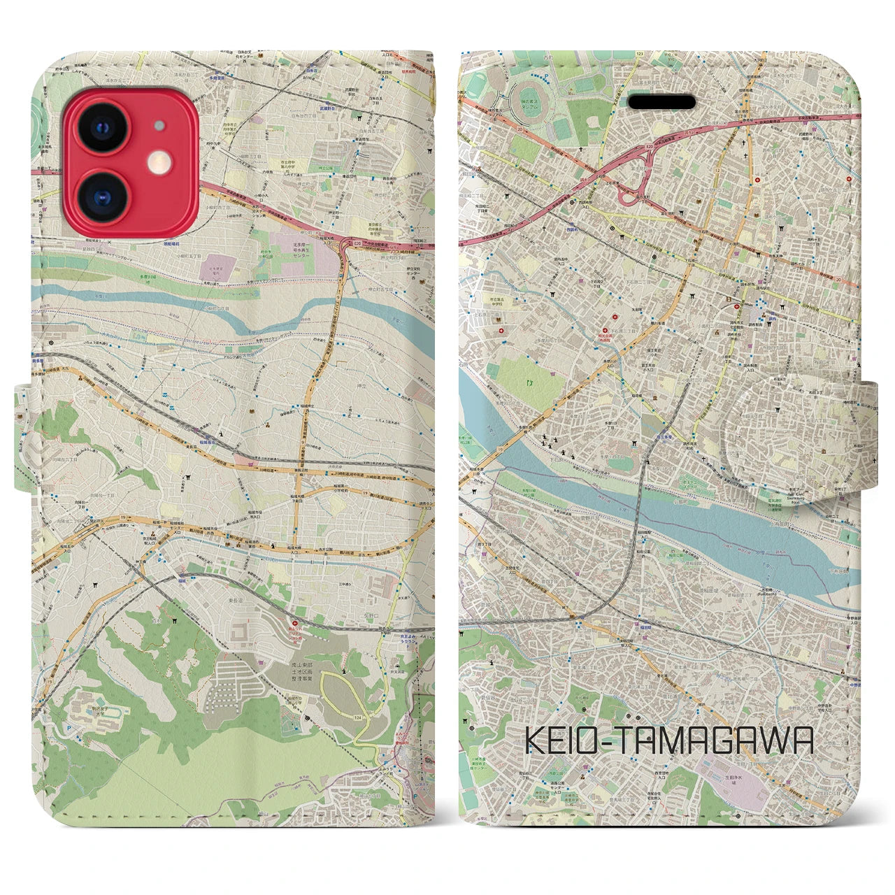 【京王多摩川(東京都)】地図柄iPhoneケース(手帳タイプ)ナチュラル・iPhone 11 用