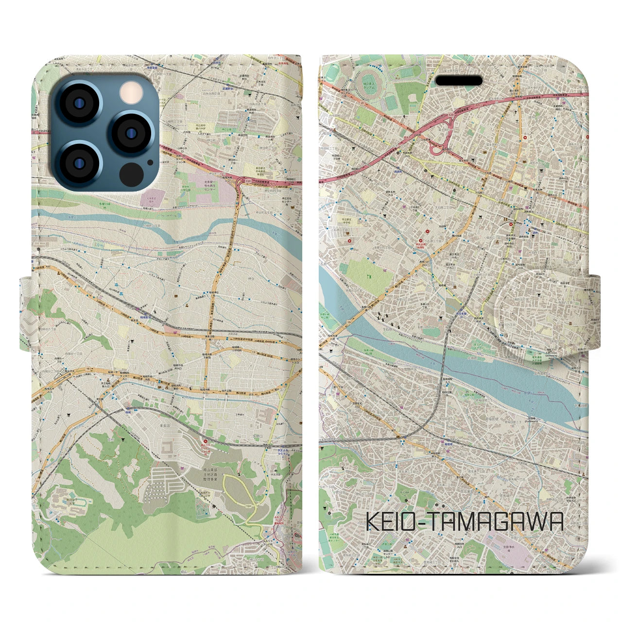 【京王多摩川(東京都)】地図柄iPhoneケース(手帳タイプ)ナチュラル・iPhone 12 / 12 Pro 用