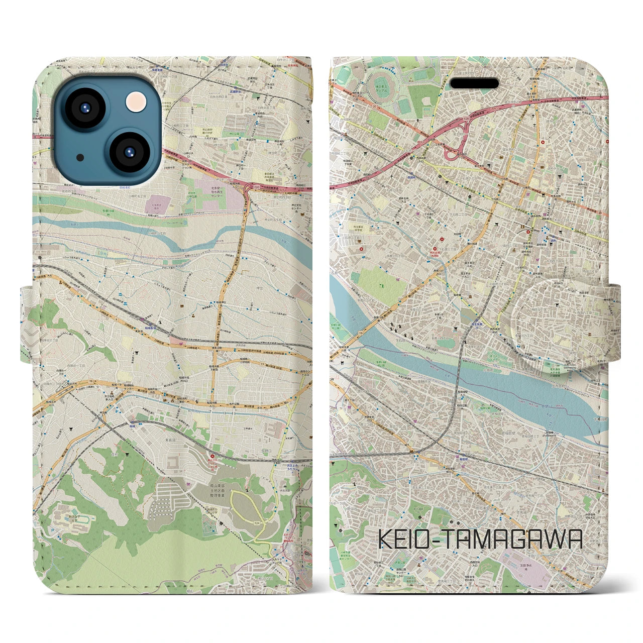 【京王多摩川(東京都)】地図柄iPhoneケース(手帳タイプ)ナチュラル・iPhone 13 用