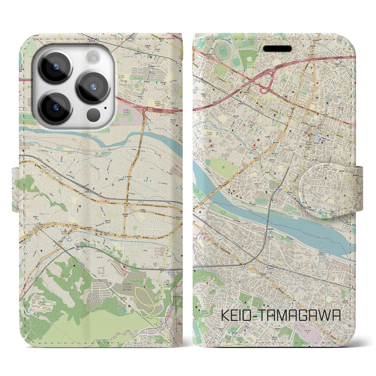 【京王多摩川(東京都)】地図柄iPhoneケース(手帳タイプ)ナチュラル・iPhone 14 Pro 用