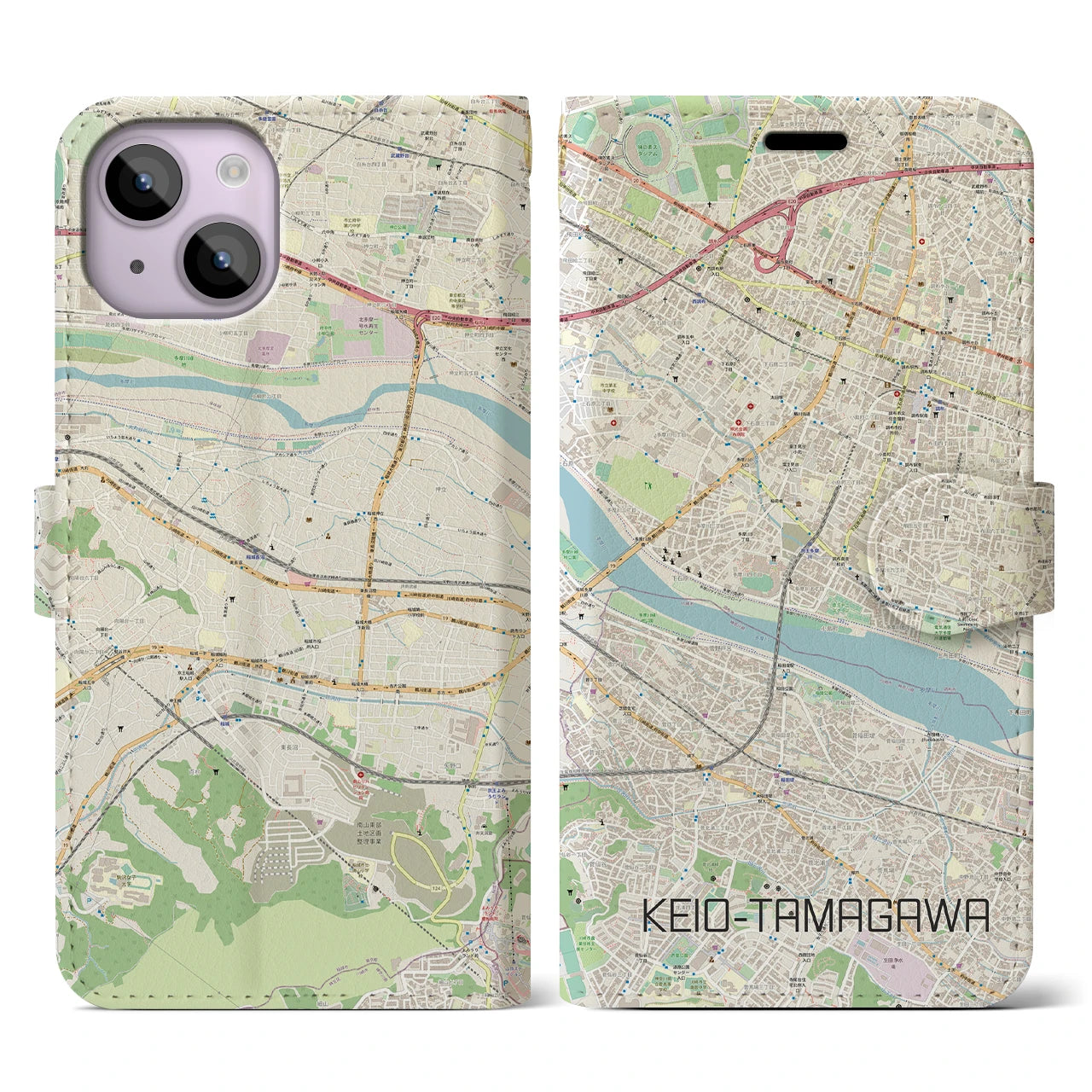 【京王多摩川(東京都)】地図柄iPhoneケース(手帳タイプ)ナチュラル・iPhone 14 用