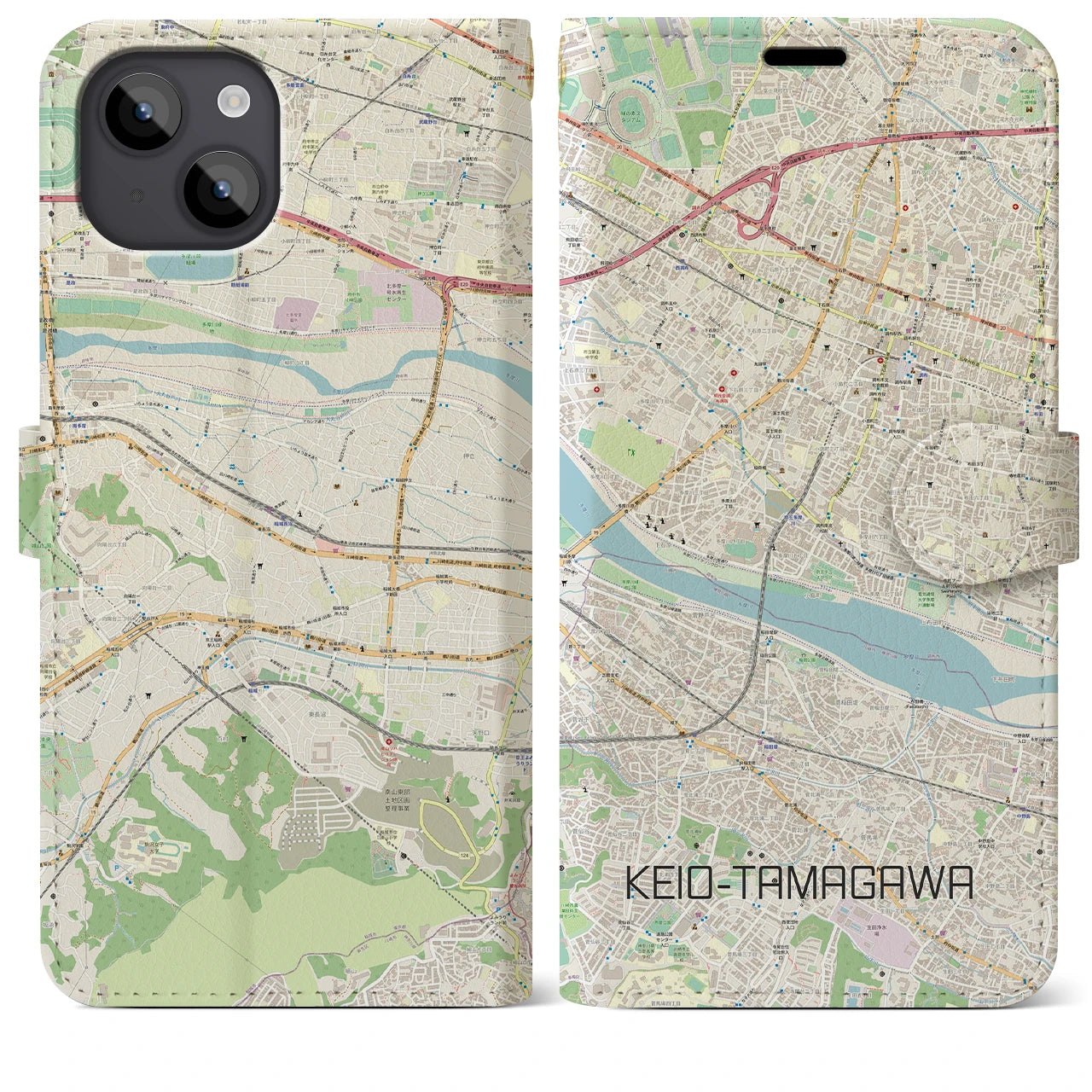 【京王多摩川(東京都)】地図柄iPhoneケース(手帳タイプ)ナチュラル・iPhone 14 Plus 用