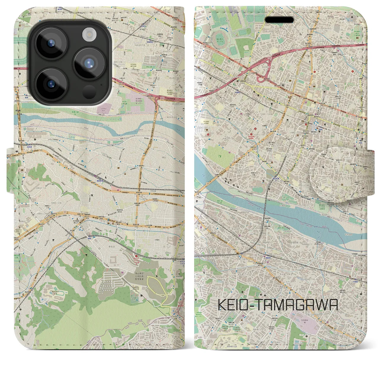 【京王多摩川(東京都)】地図柄iPhoneケース(手帳タイプ)ナチュラル・iPhone 15 Pro Max 用