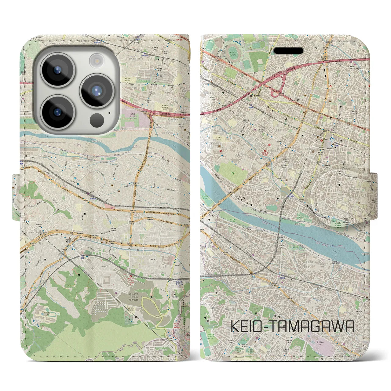 【京王多摩川(東京都)】地図柄iPhoneケース(手帳タイプ)ナチュラル・iPhone 15 Pro 用