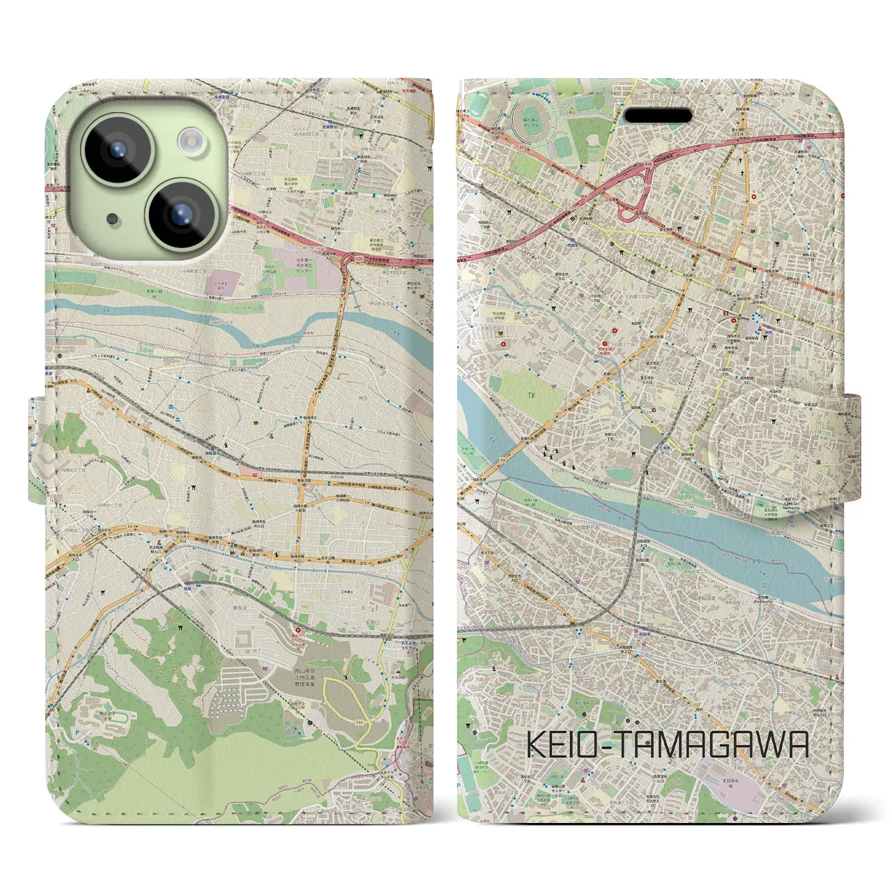 【京王多摩川(東京都)】地図柄iPhoneケース(手帳タイプ)ナチュラル・iPhone 15 用
