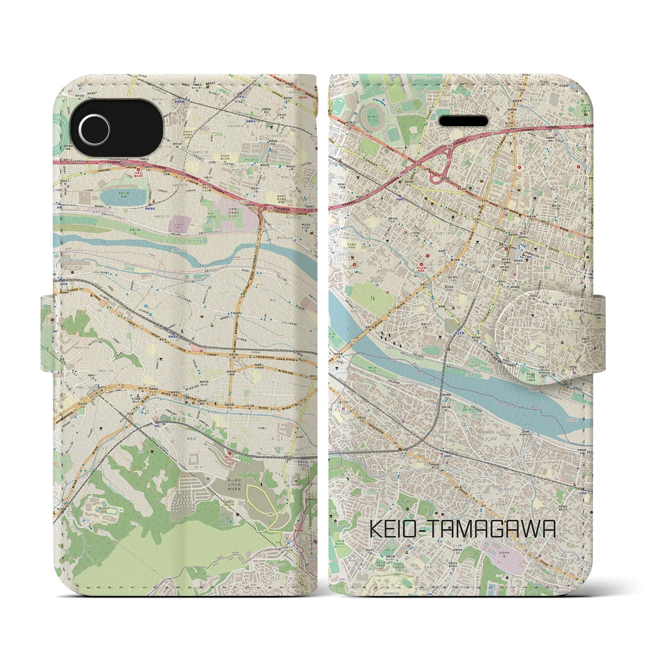 【京王多摩川(東京都)】地図柄iPhoneケース(手帳タイプ)ナチュラル・iPhone SE(第3 / 第2世代) / 8 / 7 / 6s / 6 用