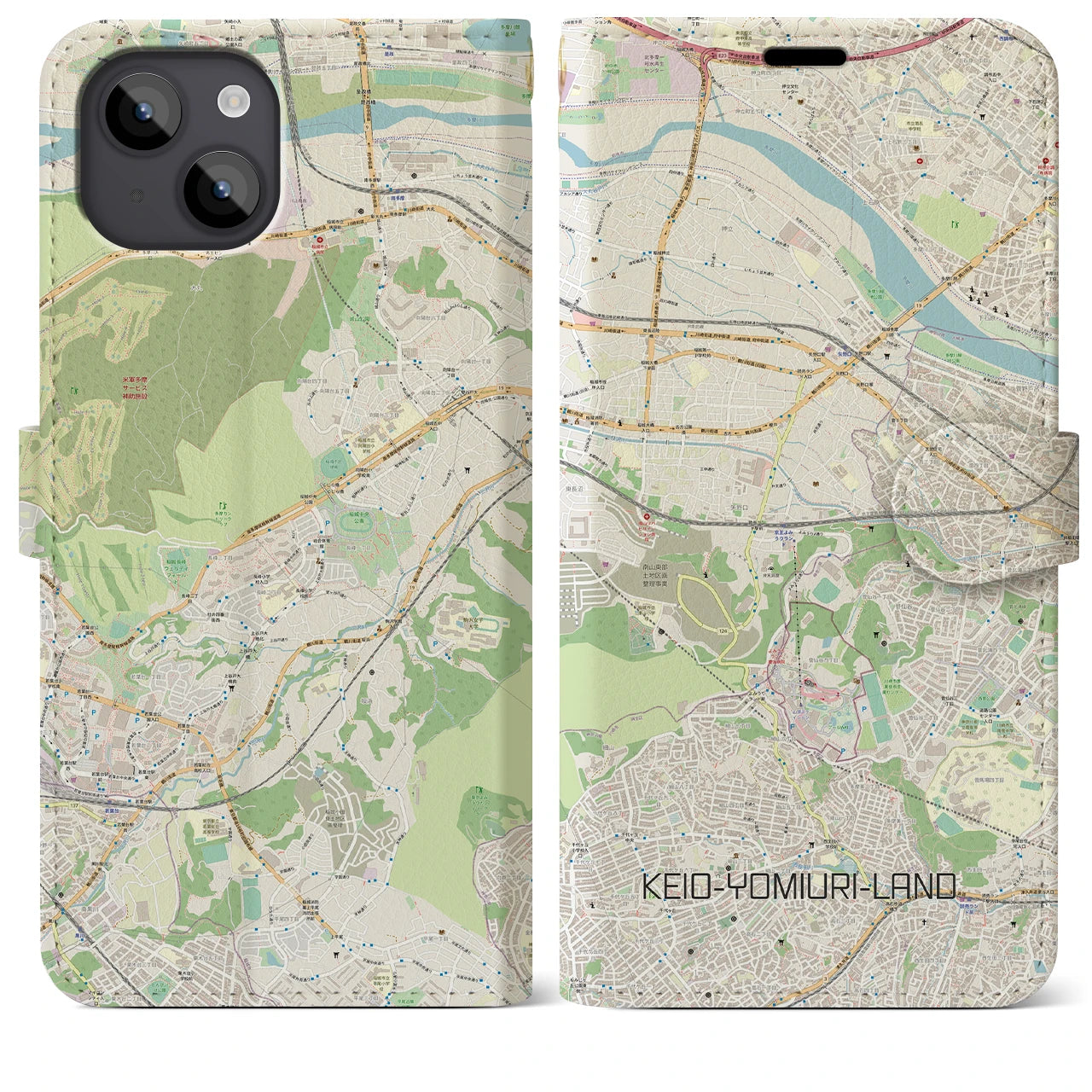 【京王よみうりランド(東京都)】地図柄iPhoneケース(手帳タイプ)ナチュラル・iPhone 14 Plus 用