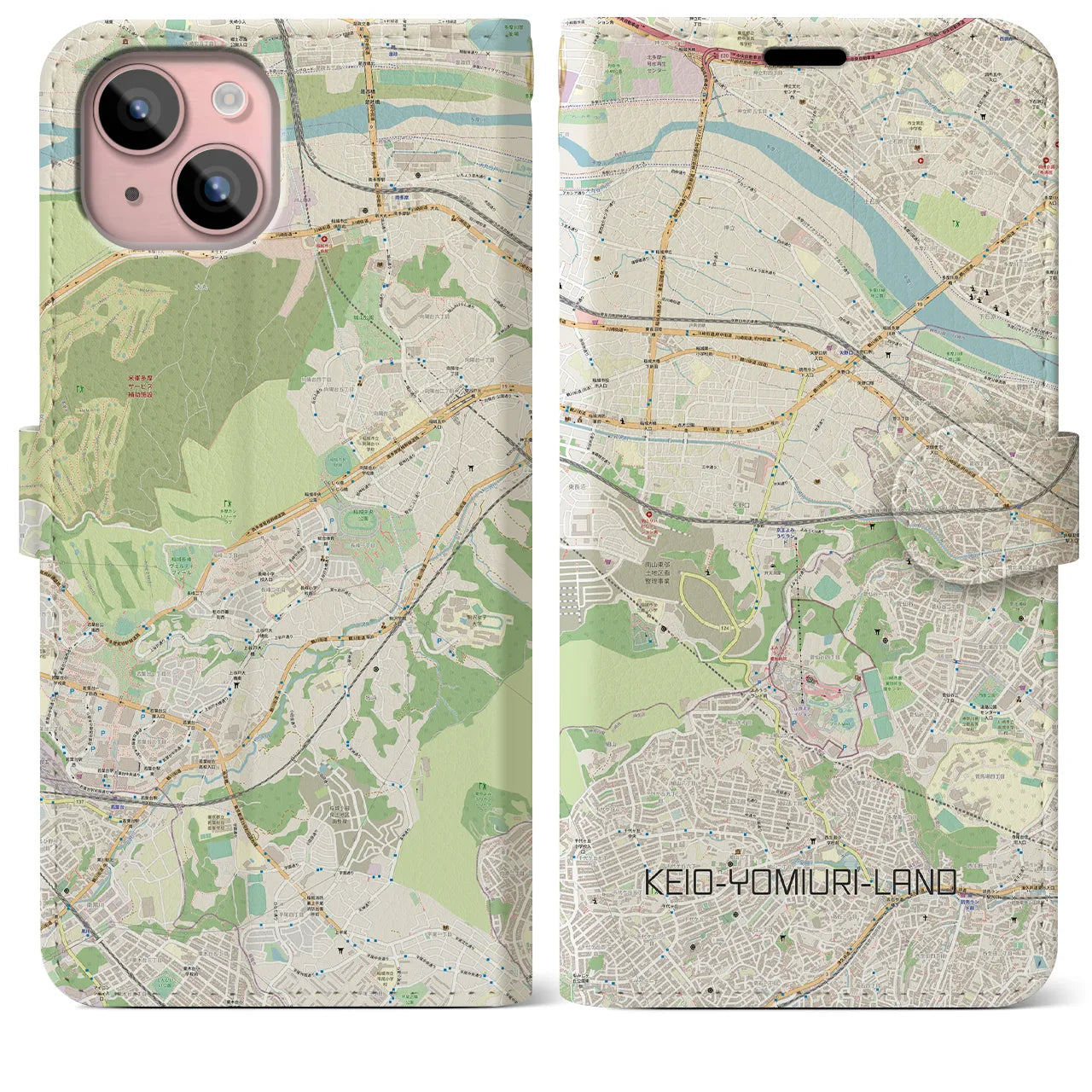 【京王よみうりランド(東京都)】地図柄iPhoneケース(手帳タイプ)ナチュラル・iPhone 15 Plus 用
