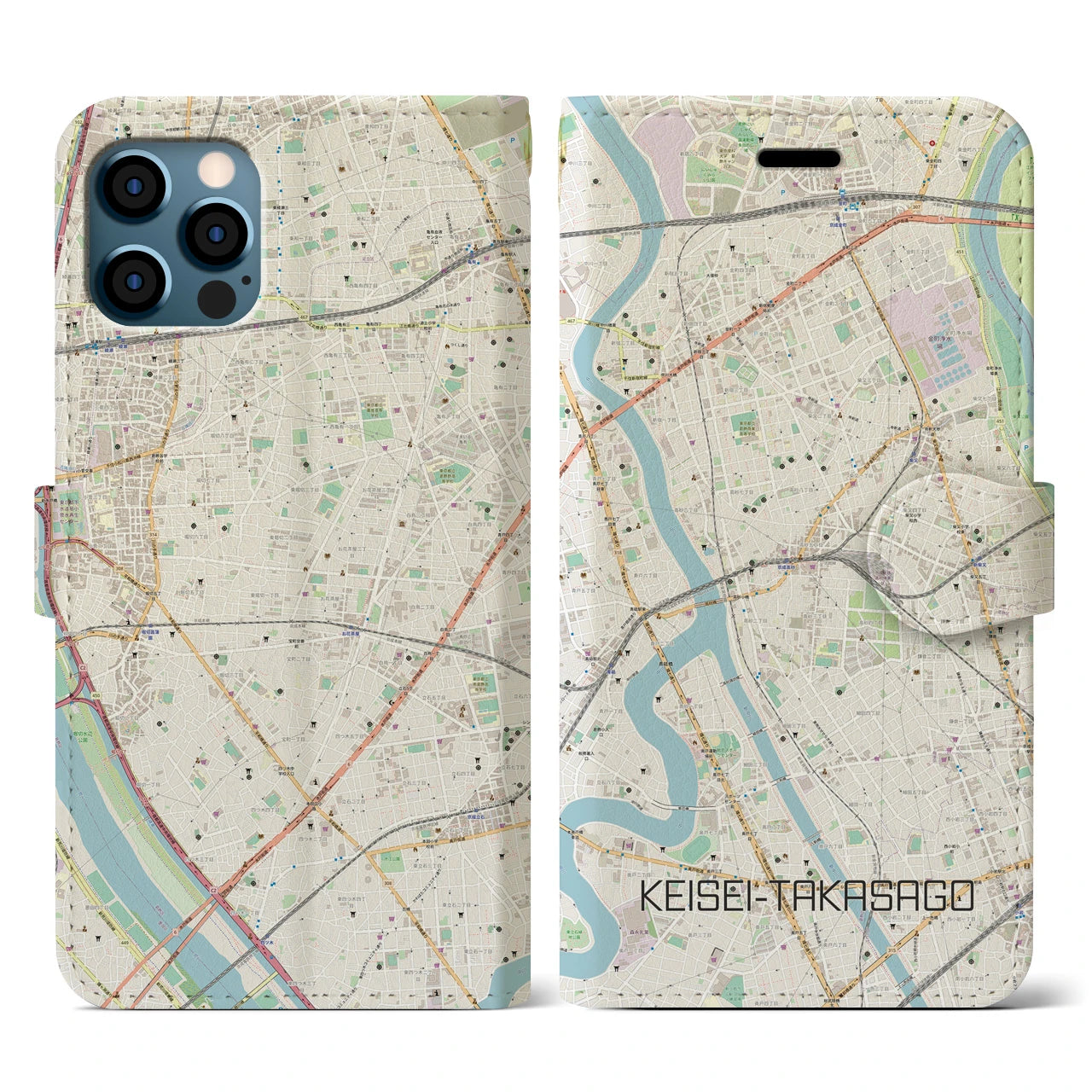 【京成高砂(東京都)】地図柄iPhoneケース(手帳タイプ)ナチュラル・iPhone 12 / 12 Pro 用
