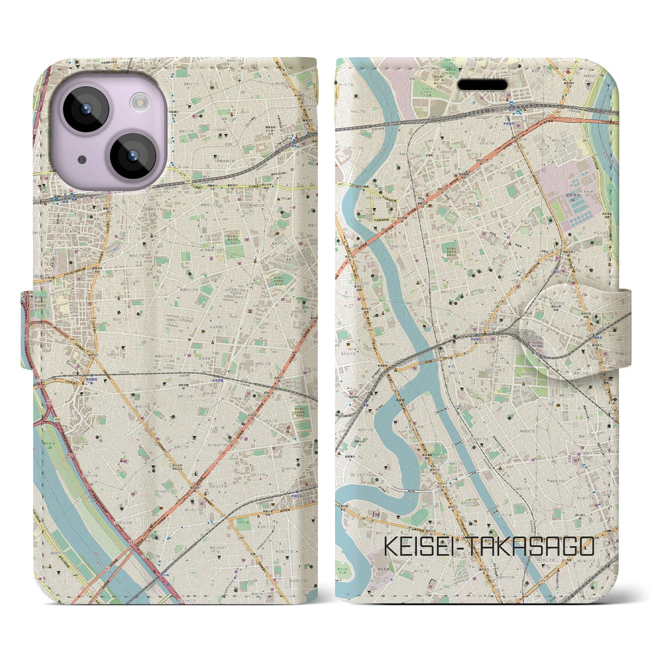 【京成高砂(東京都)】地図柄iPhoneケース(手帳タイプ)ナチュラル・iPhone 14 用