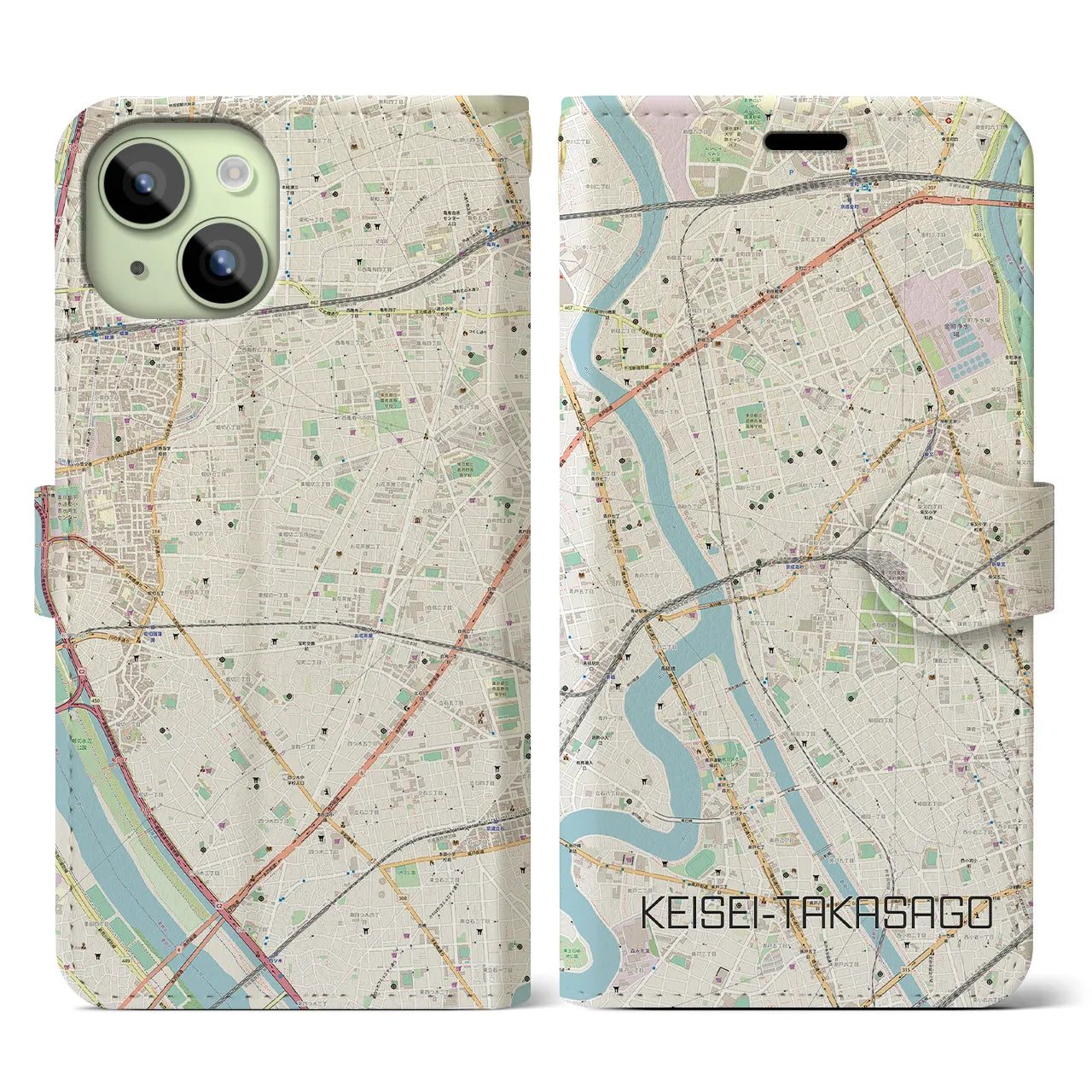 【京成高砂(東京都)】地図柄iPhoneケース(手帳タイプ)ナチュラル・iPhone 15 用