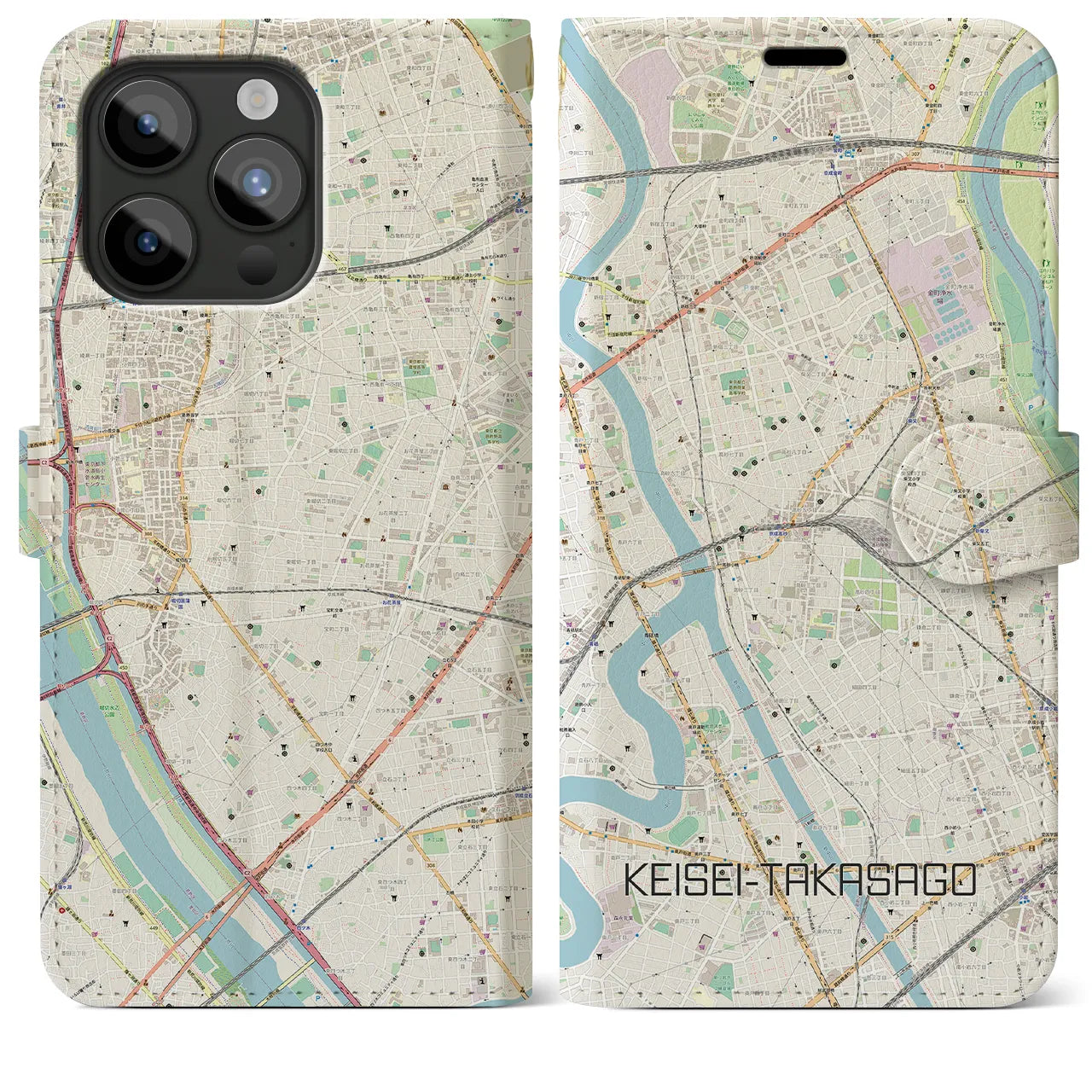 【京成高砂(東京都)】地図柄iPhoneケース(手帳タイプ)ナチュラル・iPhone 15 Pro Max 用