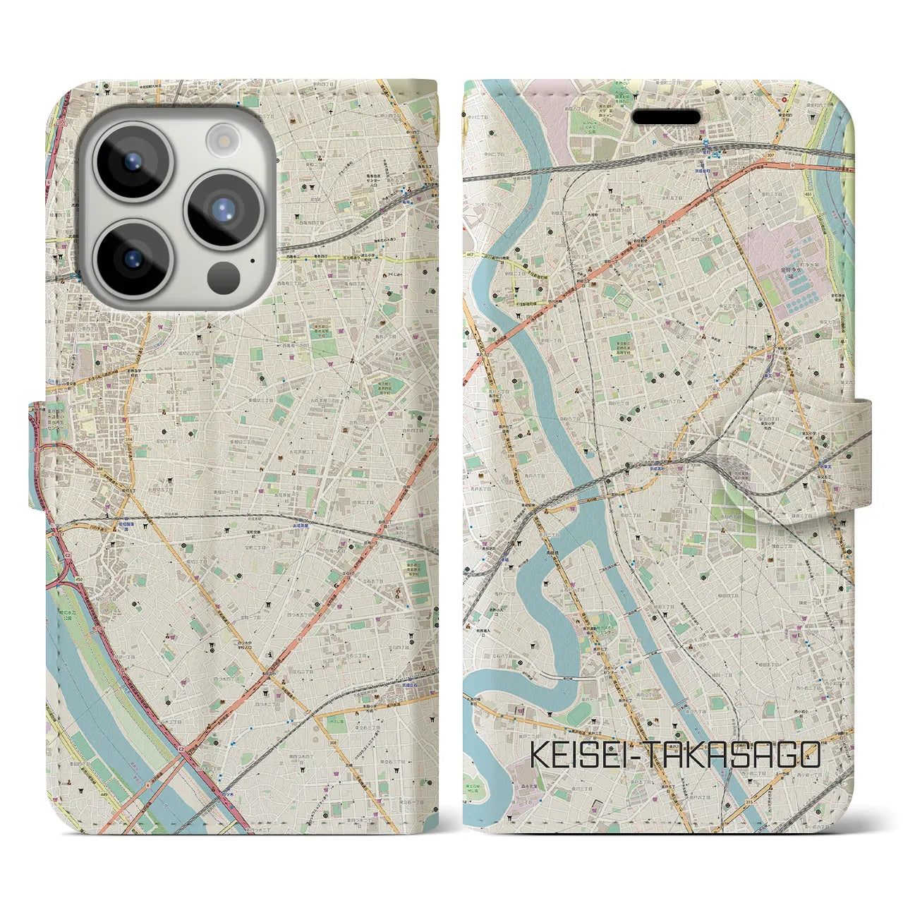 【京成高砂(東京都)】地図柄iPhoneケース(手帳タイプ)ナチュラル・iPhone 15 Pro 用