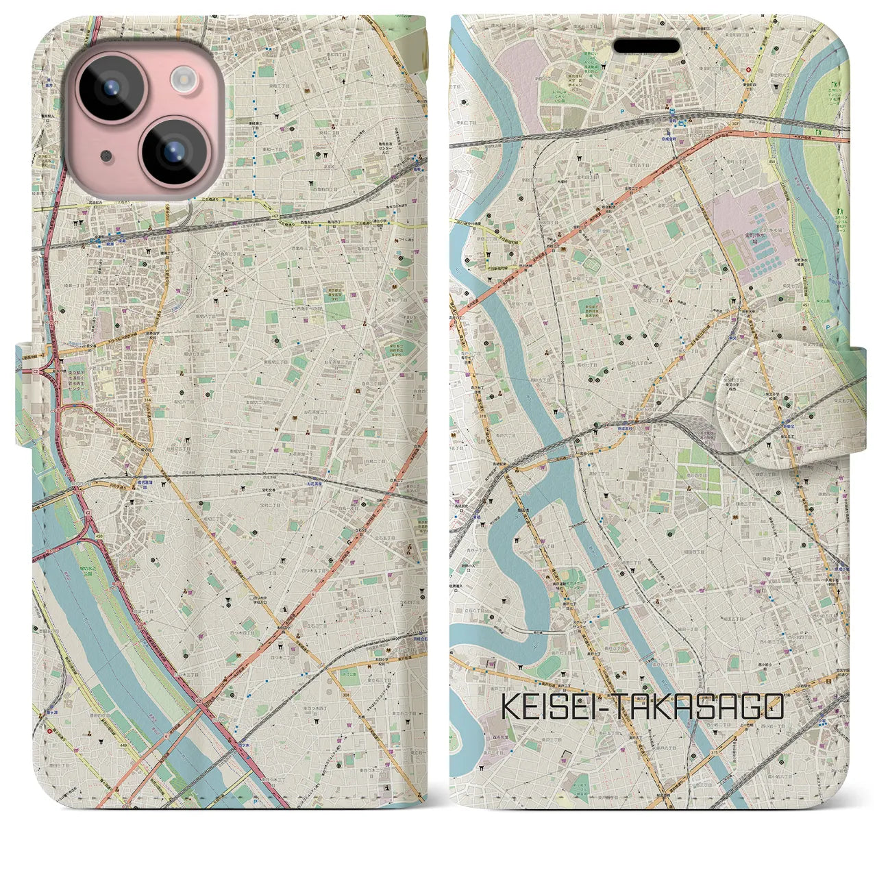 【京成高砂(東京都)】地図柄iPhoneケース(手帳タイプ)ナチュラル・iPhone 15 Plus 用