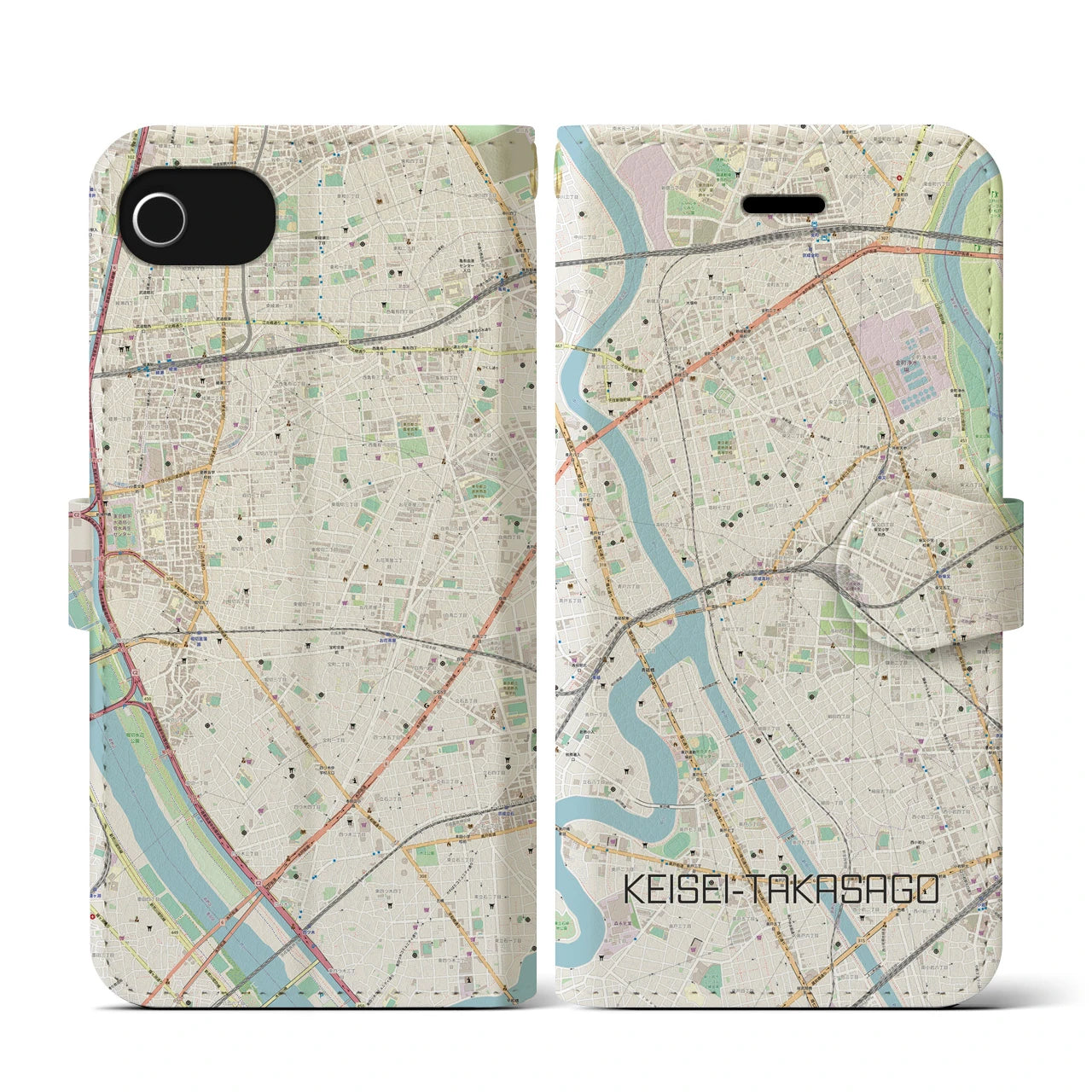 【京成高砂(東京都)】地図柄iPhoneケース(手帳タイプ)ナチュラル・iPhone SE(第3 / 第2世代) / 8 / 7 / 6s / 6 用