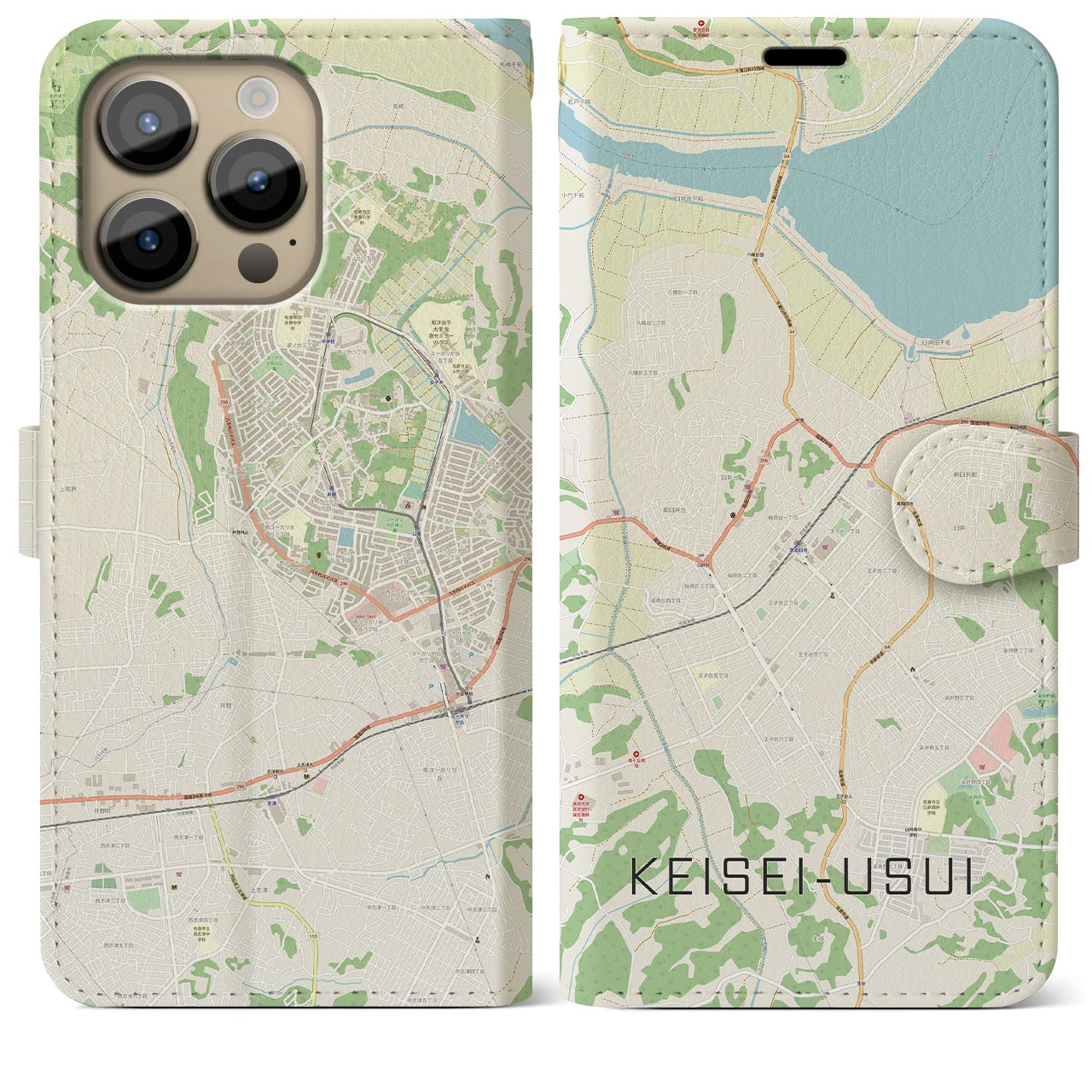 【京成臼井(千葉県)】地図柄iPhoneケース(手帳タイプ)ナチュラル・iPhone 14 Pro Max 用