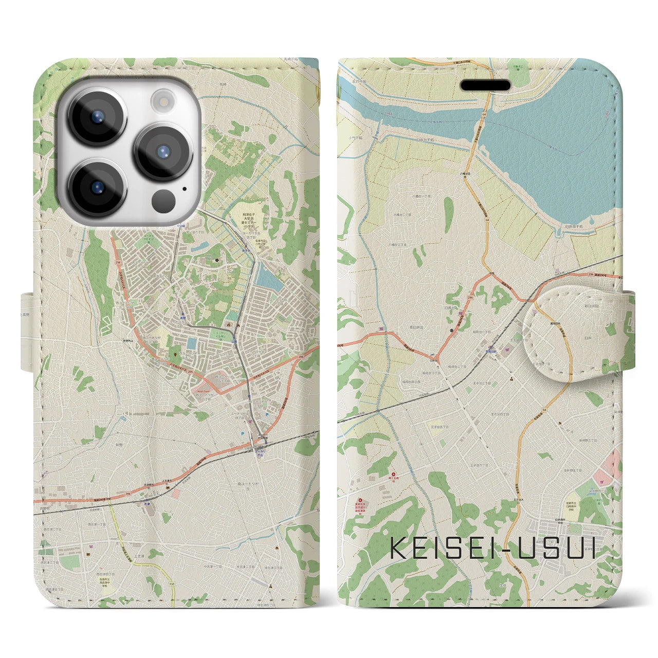 【京成臼井(千葉県)】地図柄iPhoneケース(手帳タイプ)ナチュラル・iPhone 14 Pro 用