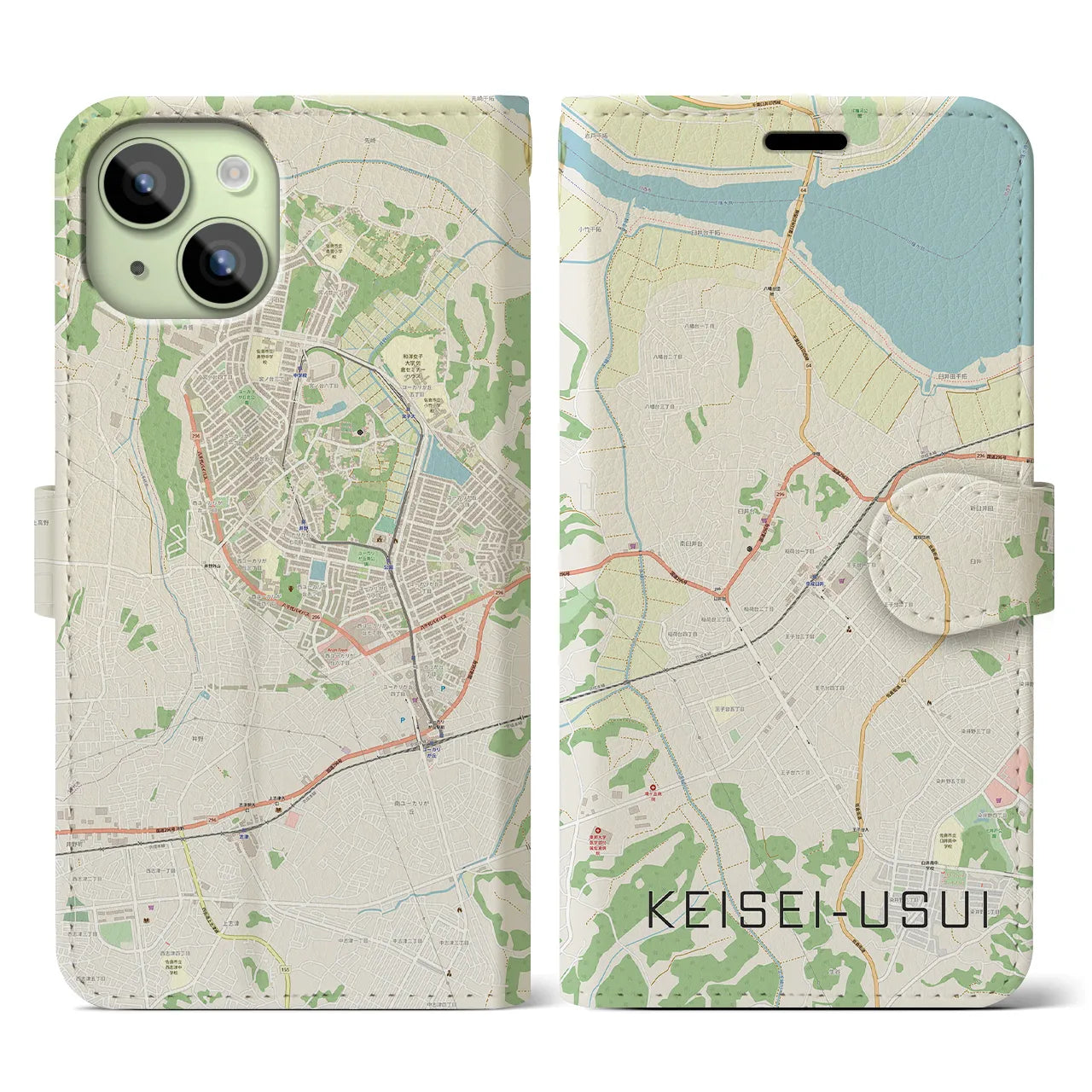 【京成臼井(千葉県)】地図柄iPhoneケース(手帳タイプ)ナチュラル・iPhone 15 用
