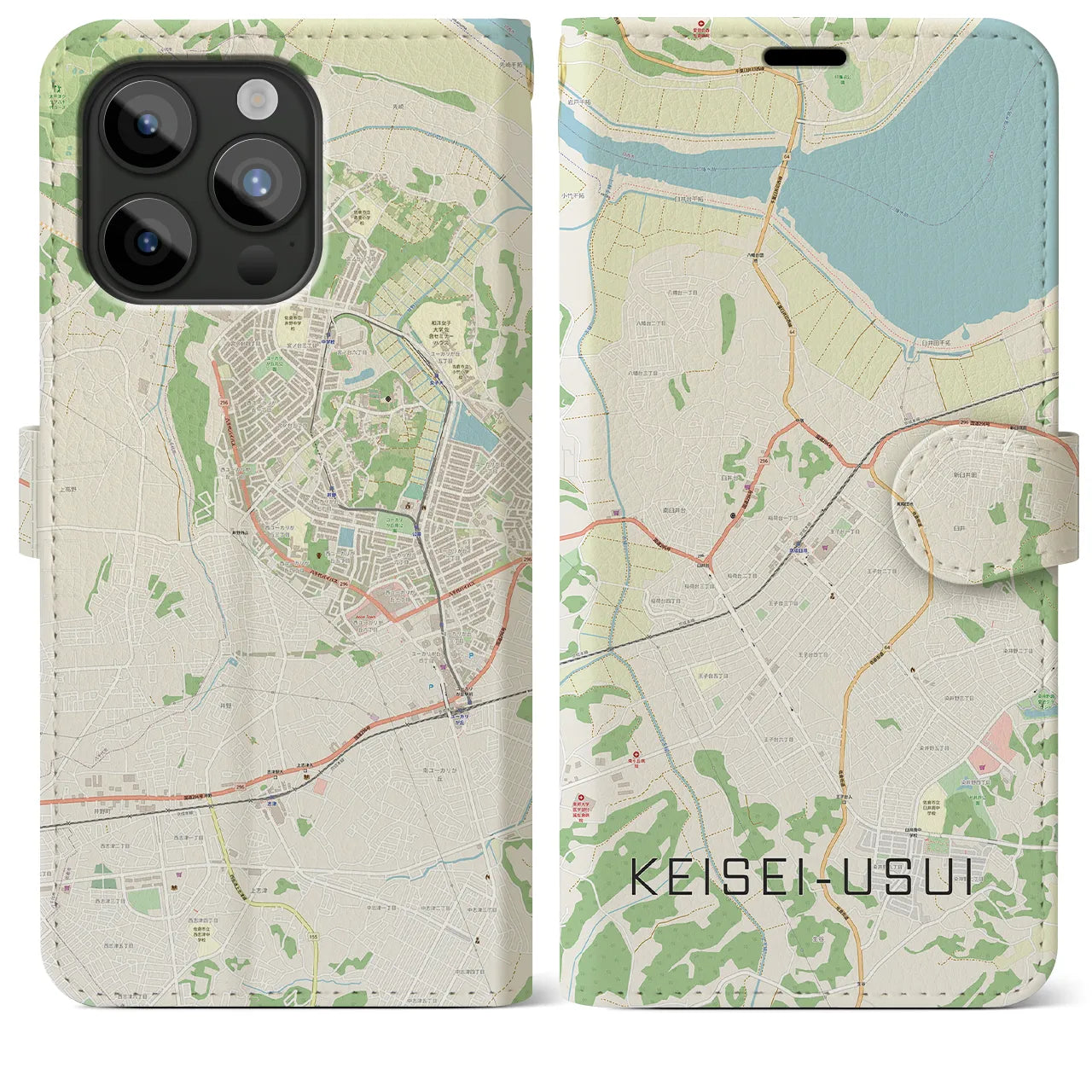 【京成臼井(千葉県)】地図柄iPhoneケース(手帳タイプ)ナチュラル・iPhone 15 Pro Max 用