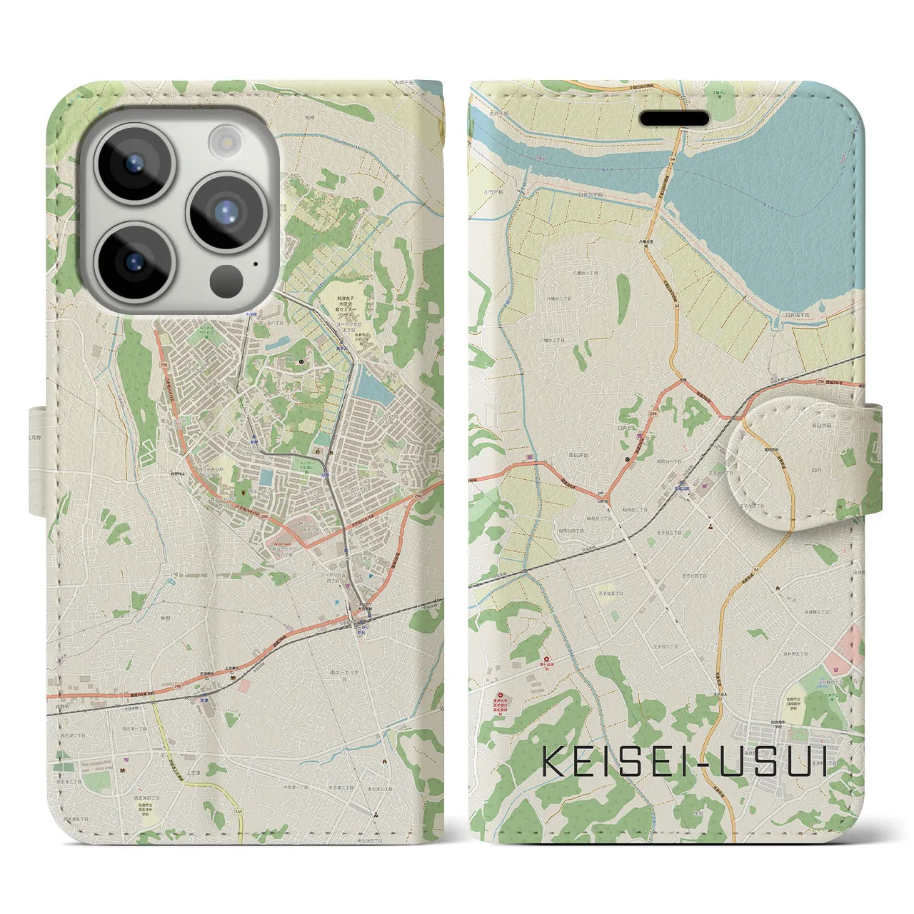 【京成臼井(千葉県)】地図柄iPhoneケース(手帳タイプ)ナチュラル・iPhone 15 Pro 用